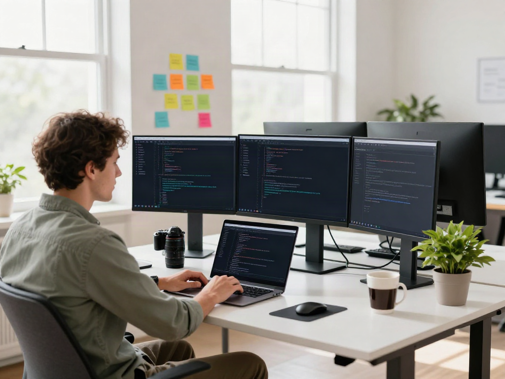 Developer using the Brave browser in a modern tech workspace