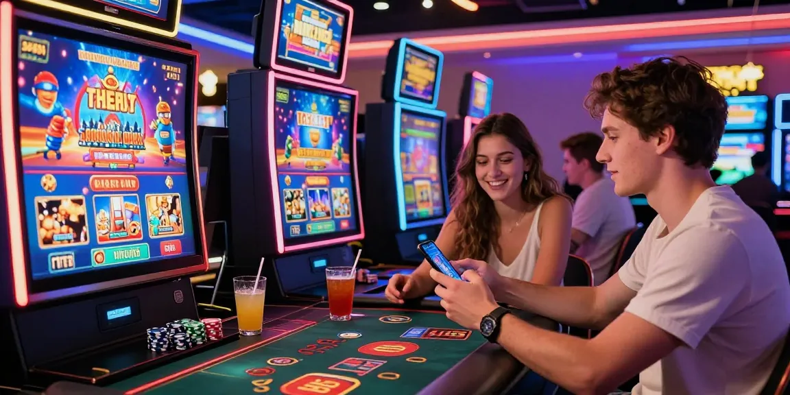 Junge Erwachsene genießen das Spielen in einem Paysafe Card Casino mit lebendiger Atmosphäre und digitalen Geräten.