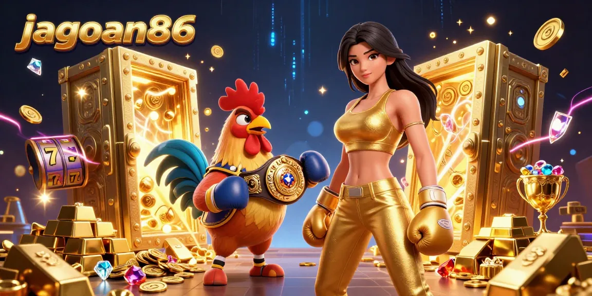 Experience thrilling gaming action at jagoan86 with a vibrant 3D casino scene depicting excitement and winning potential.