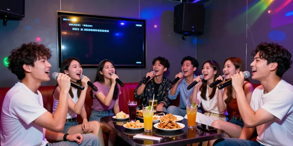 도파민 가라오케에서 즐거운 생일 파티를 즐기며 노래하는 친구들