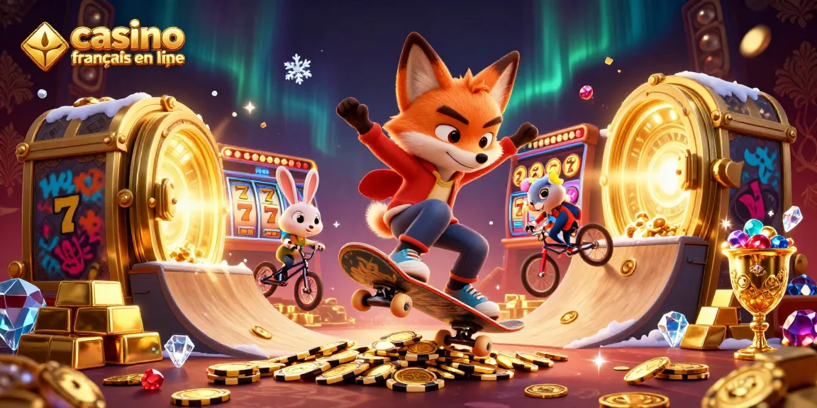 Plongez-vous dans le monde du casino francais en ligne avec un renard skateboarder réalisant des figures parmi des jetons dorés et des symboles de jeu.