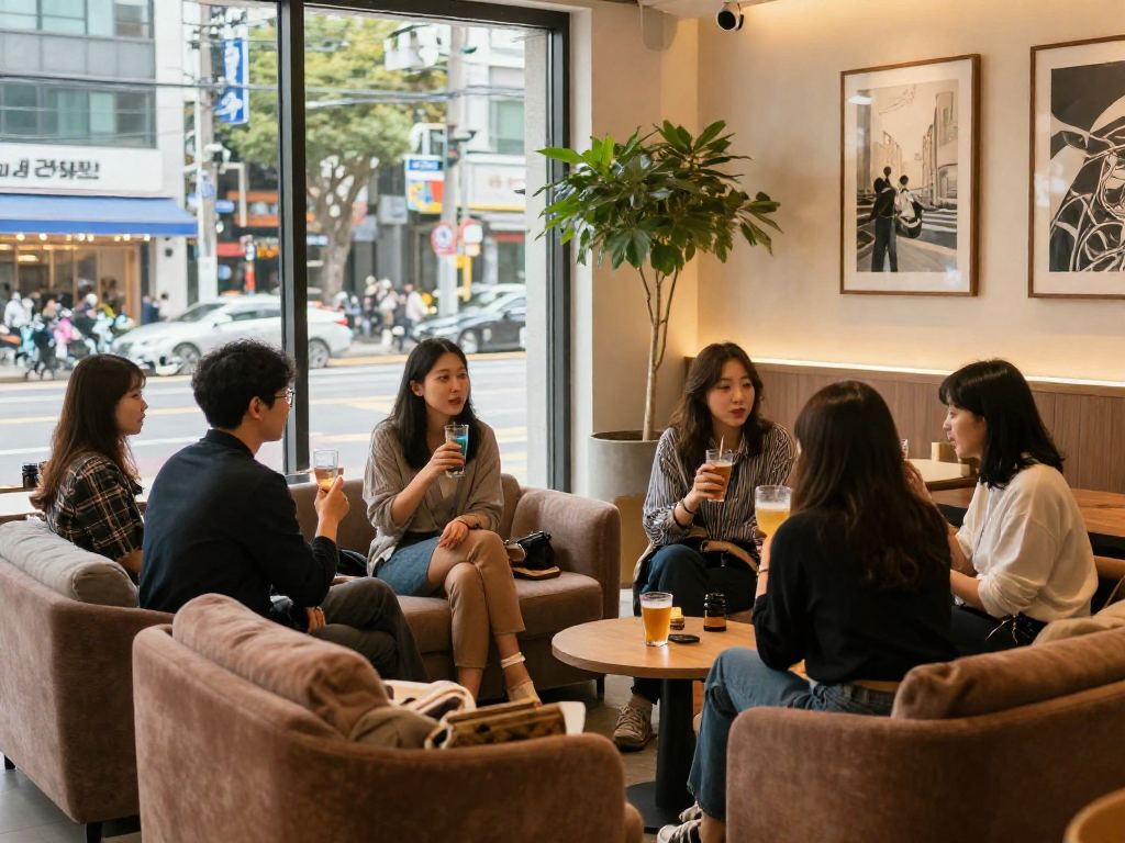 강남쩜오에서 친구들과 여유롭게 대화하는 모습과 아늑한 분위기