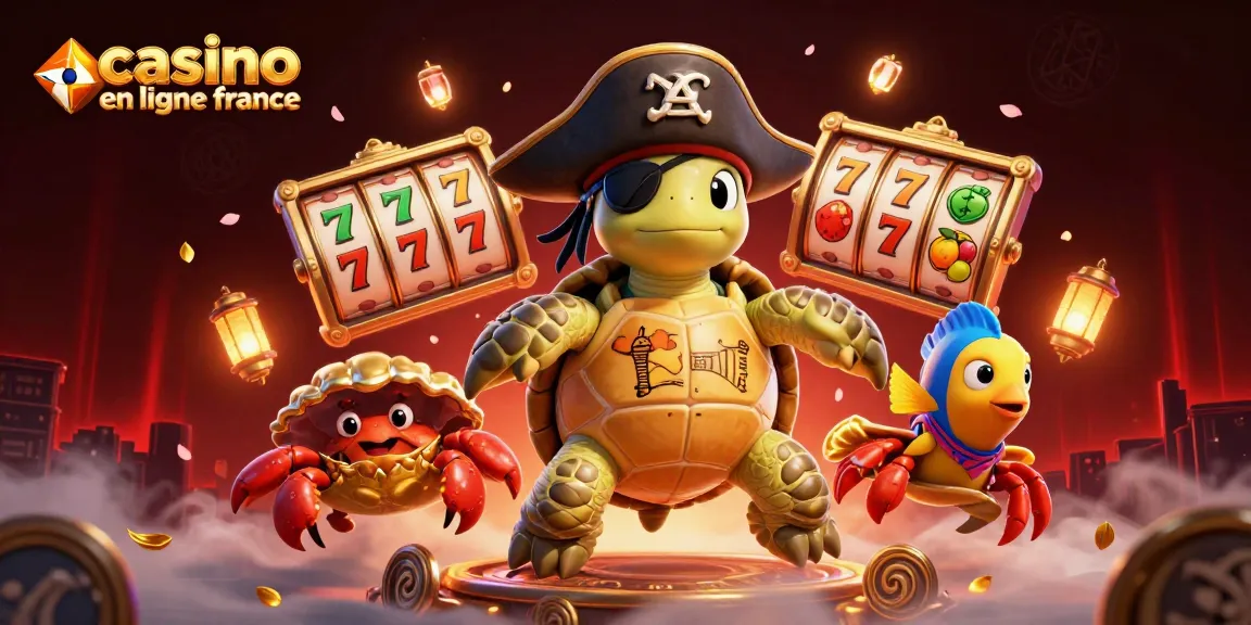 Visuel dynamique d'un casino en ligne France avec une tortue pirate et un crabe, offrant des jeux de machines à sous.