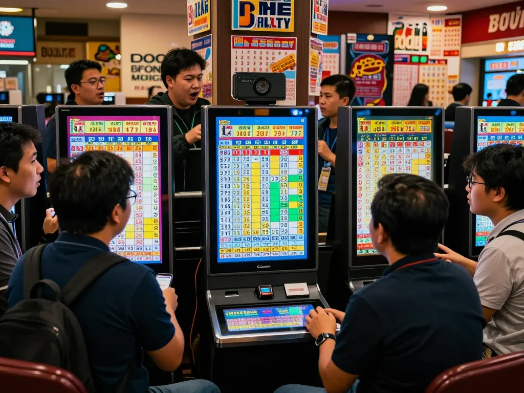 Engaged players in a vibrant gaming lounge viewing HK Lotto results on digital screens.
