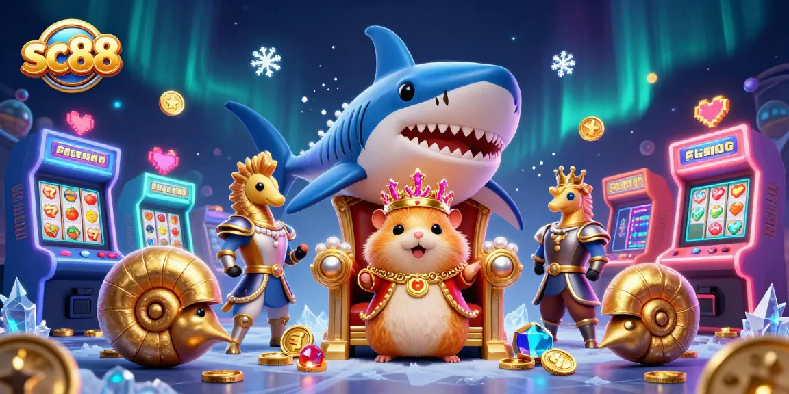 Experience sc88 in a vibrant casino world with a golden hamster king surrounded by slot reels.
