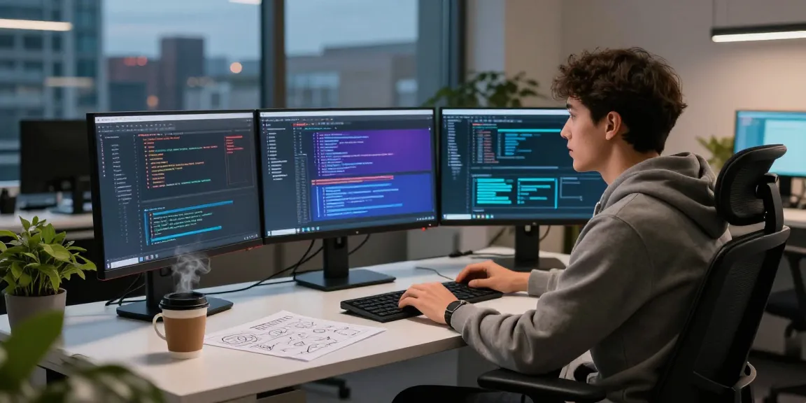Software developer coding at modern desk with screens showing telegram官网 features and applications.