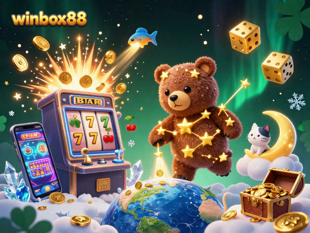 Winbox88 showcases thrilling slots with golden coins, jackpot symbols, and animated characters in vibrant 3D.
