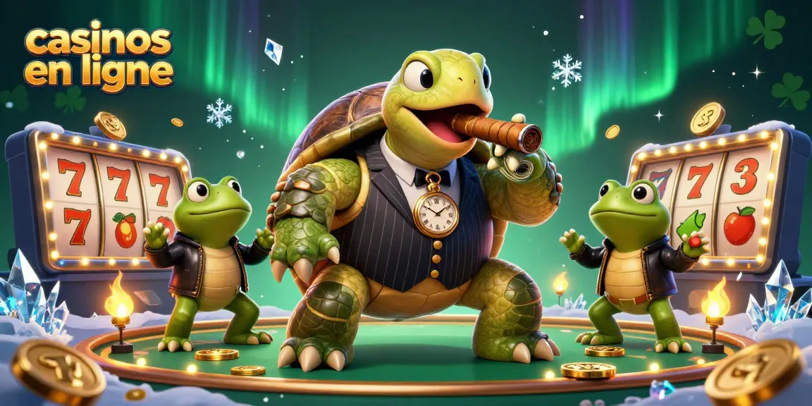 Une illustration 3D représentant des casinos en ligne avec une tortue géante et des grenouilles en jeu.