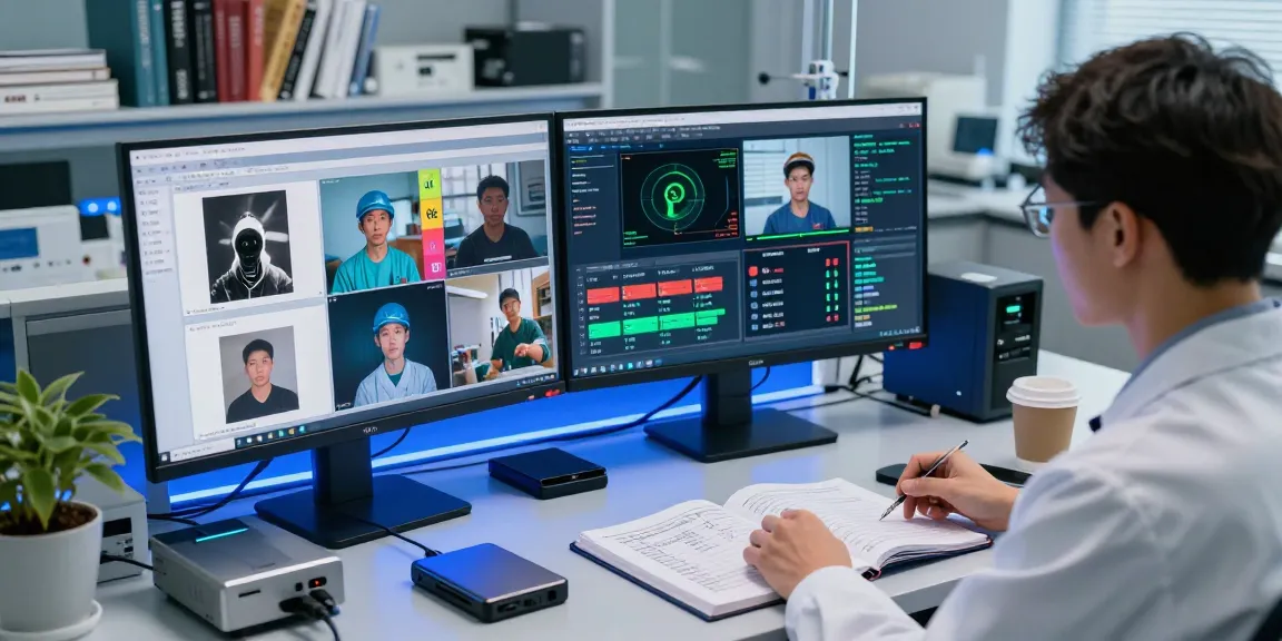 AI detector software analysis scene with technician examining uploaded images and detection metrics.