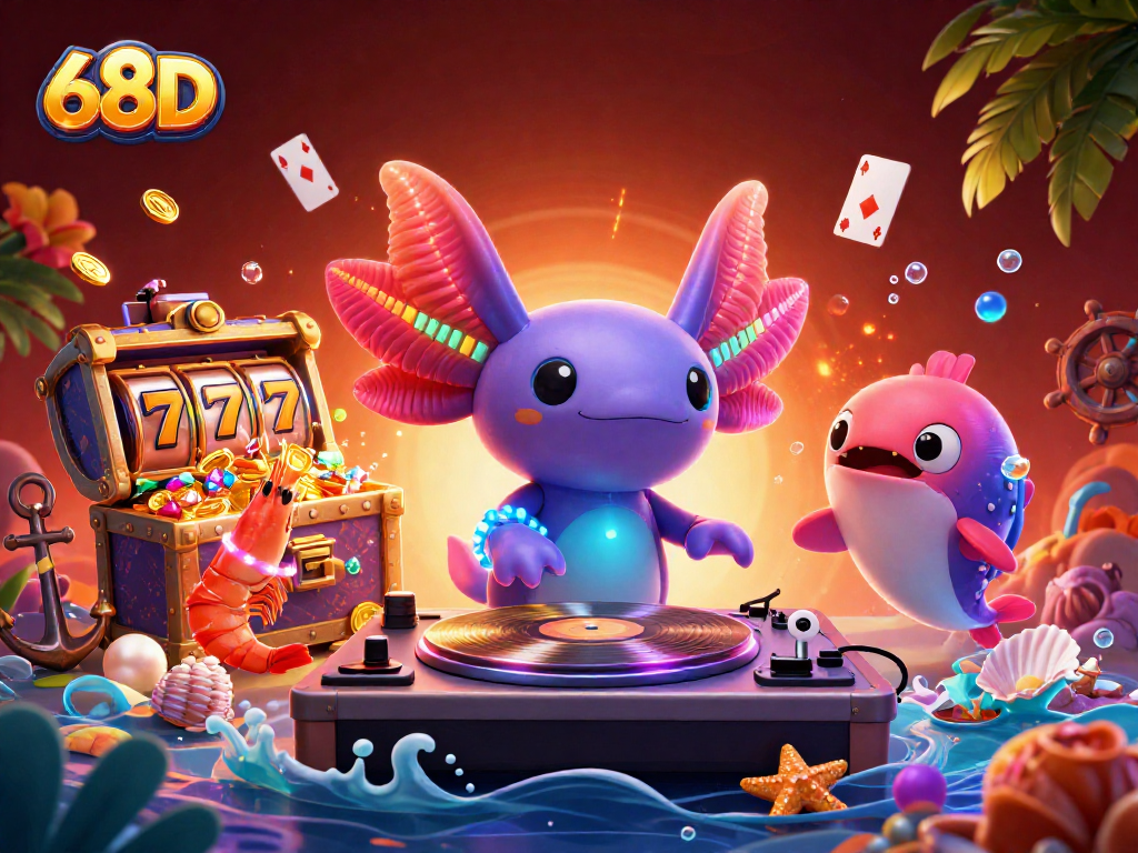 Jogue com 68D e ganhe prêmios em cassino com o DJ axolotl animado e elementos de caça-níqueis.