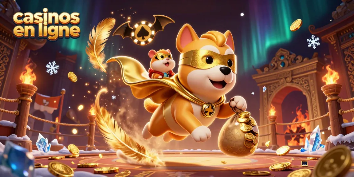 Le jeu de casinos en ligne prend vie avec un chien héros et son hamster, des pièces d'or, et un signal de poker illuminant le ciel.