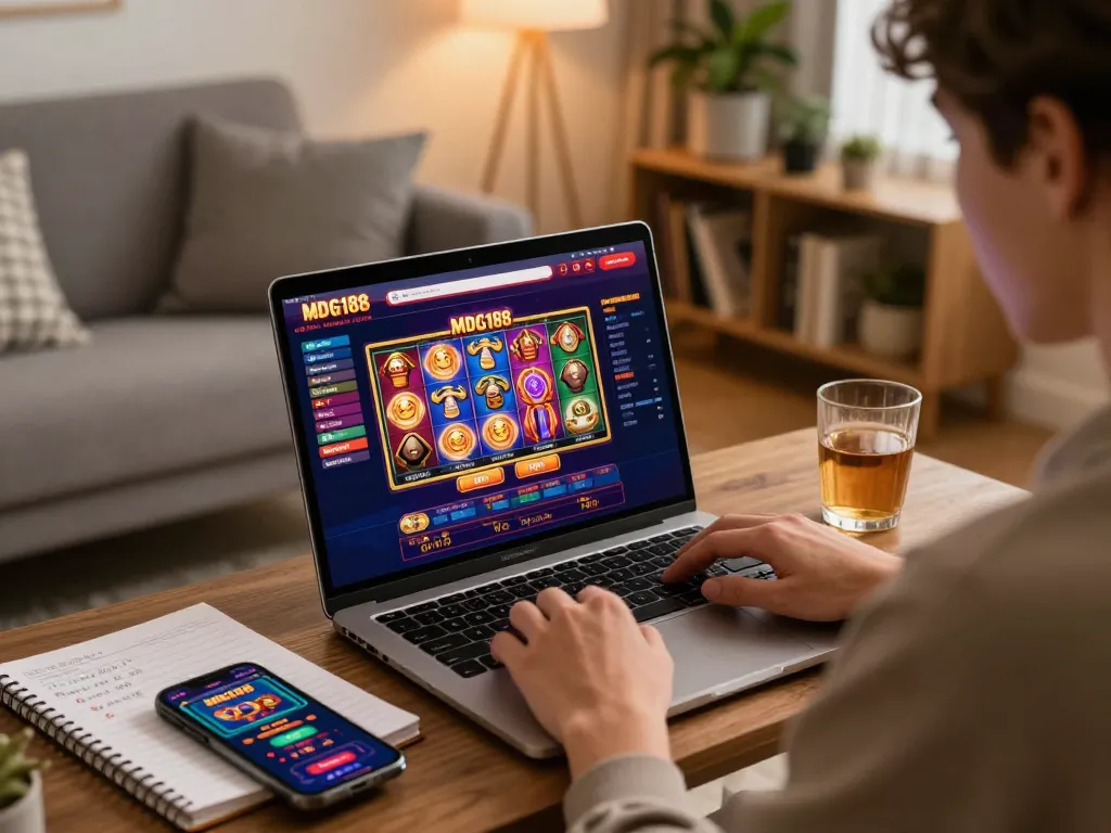 Player engaging with MDG188 online slot games on a laptop in a cozy living room setting.