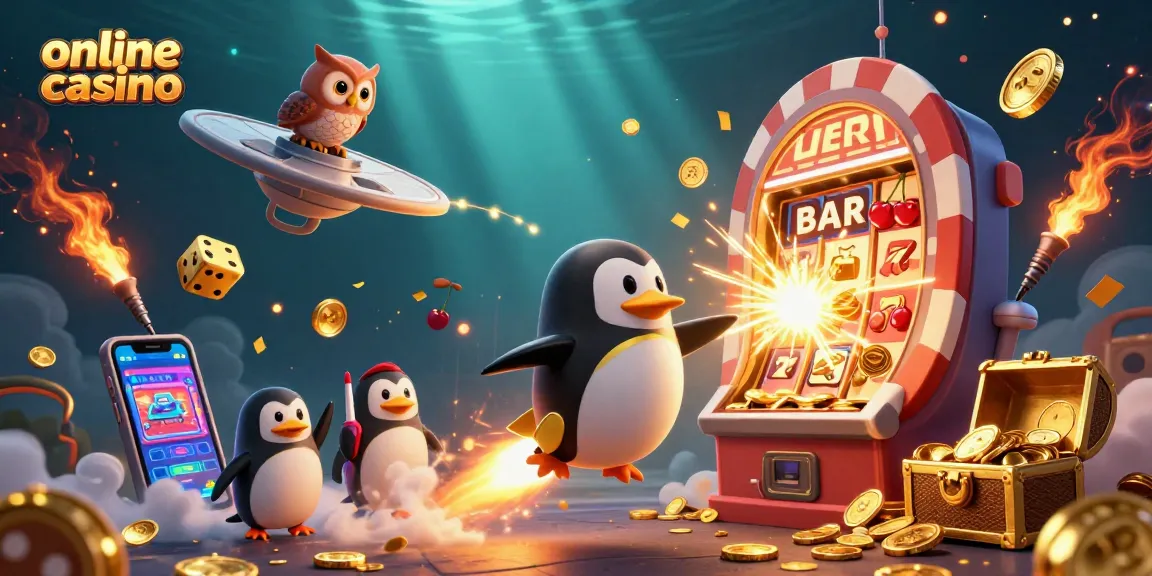 Engage with an online casino adventure featuring a golden penguin in space, surrounded by slot machines and treasures.