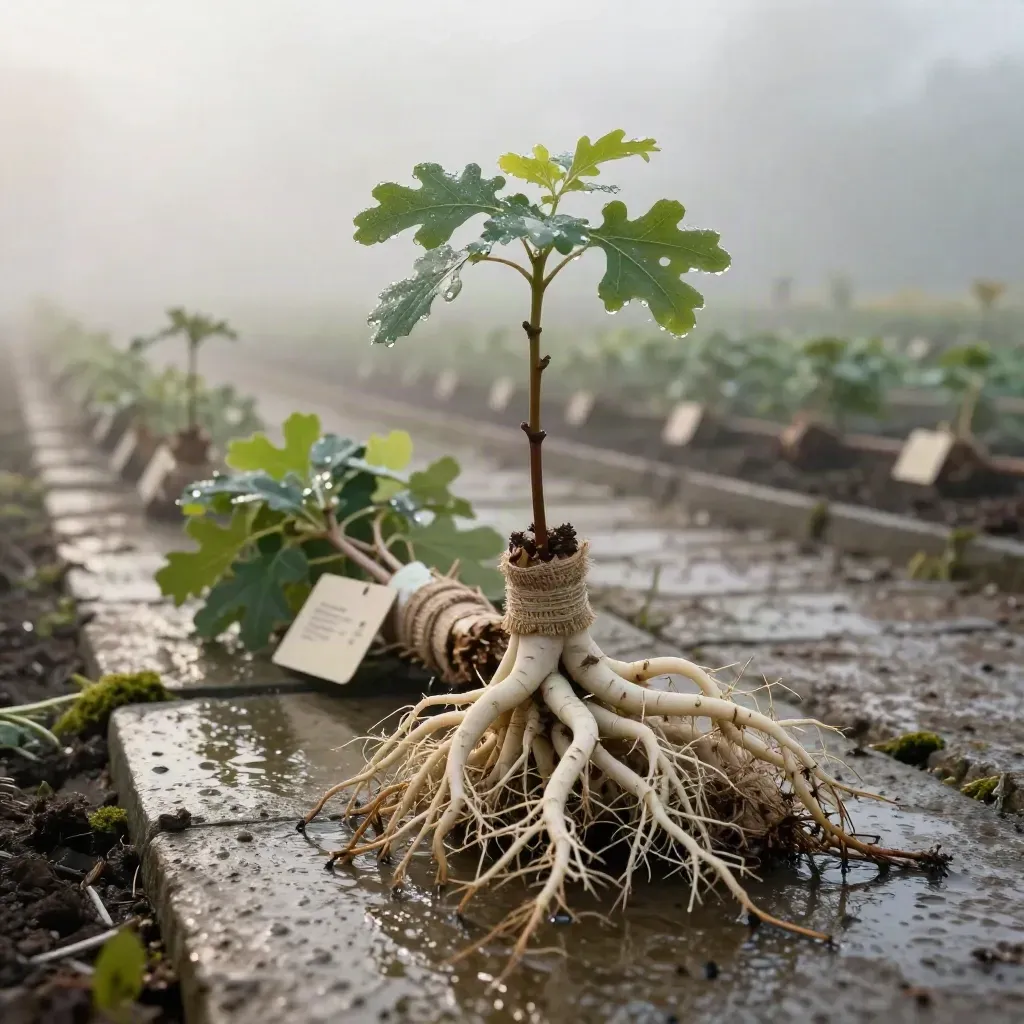 White oak sapling bundle with damp roots and burlap collar on a misty nursery lane