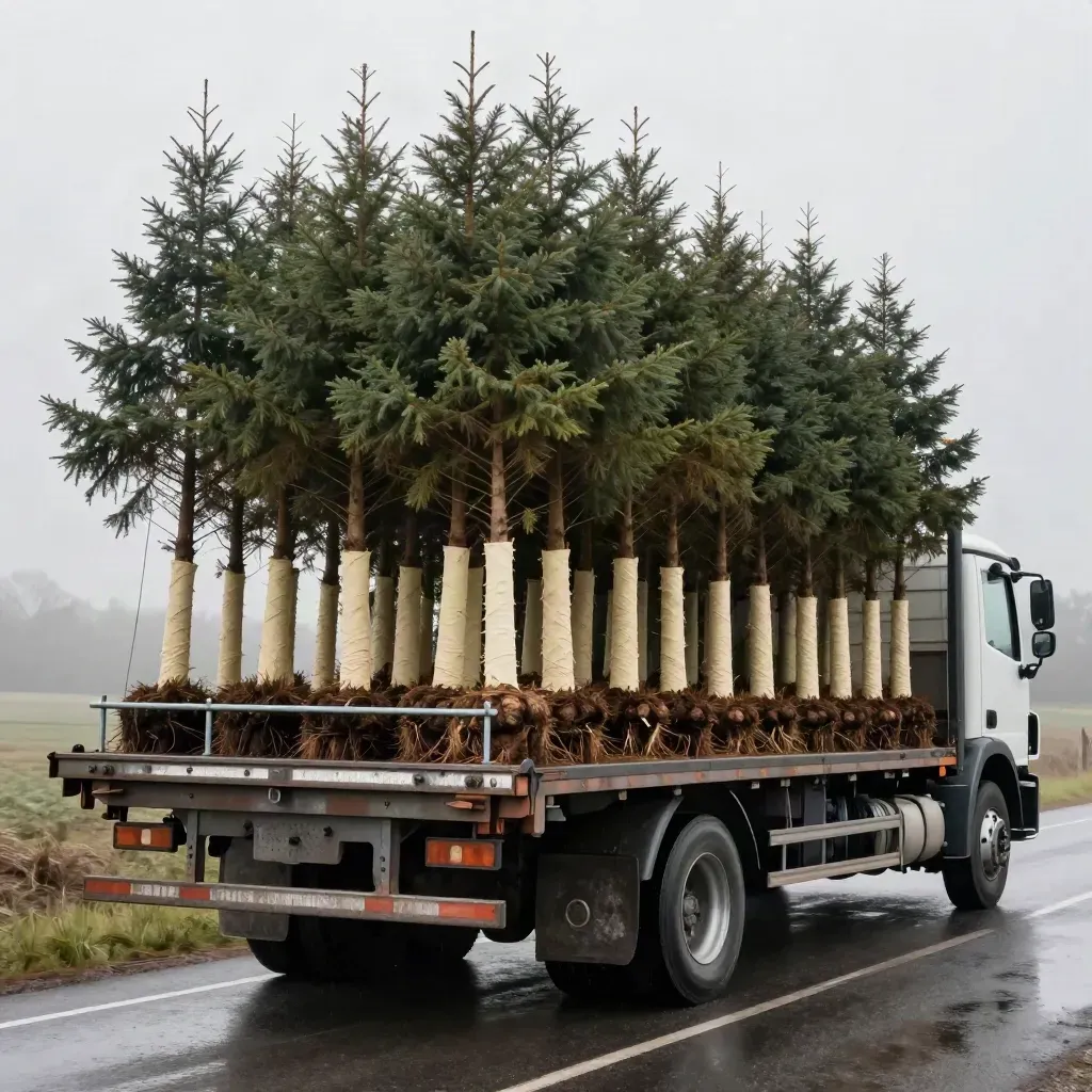 Flatbed of evergreen saplings rolling through a wet farm lane beside a misty field.