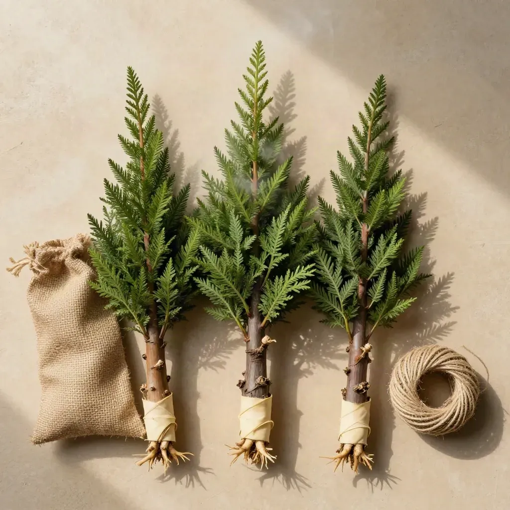 Overhead flat lay of bundled arborvitae whips, burlap root sack, and twine on beige concrete.