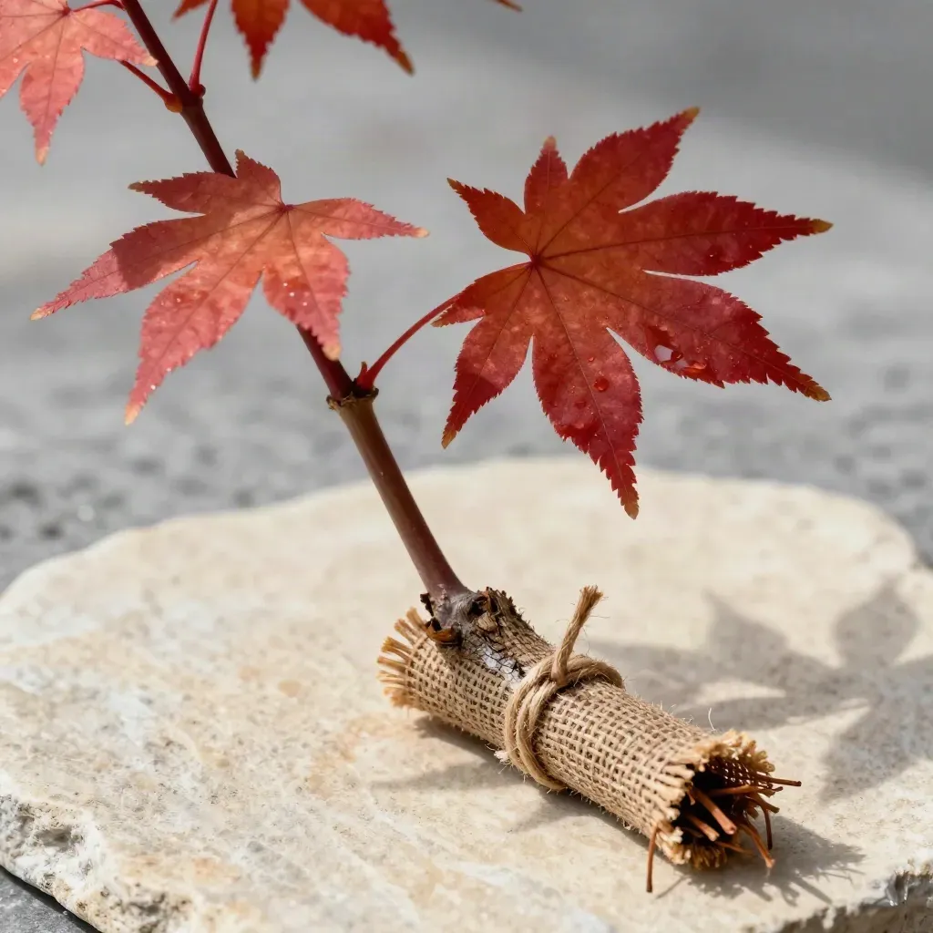 Copper-red red maple sapling on pale stone with damp root wrap and soft dew haze.