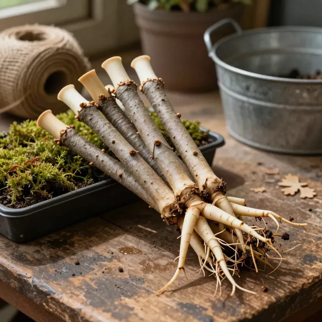 Five white oak saplings fanned on a damp nursery bench in soft overhead light.