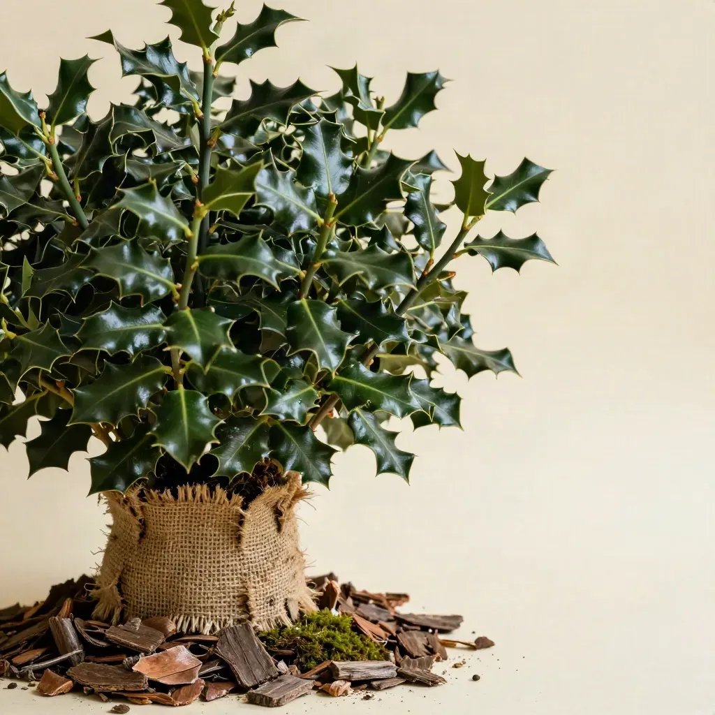 Glossy holly cutting on bark chips and cream plaster, side-on with calm cream space.