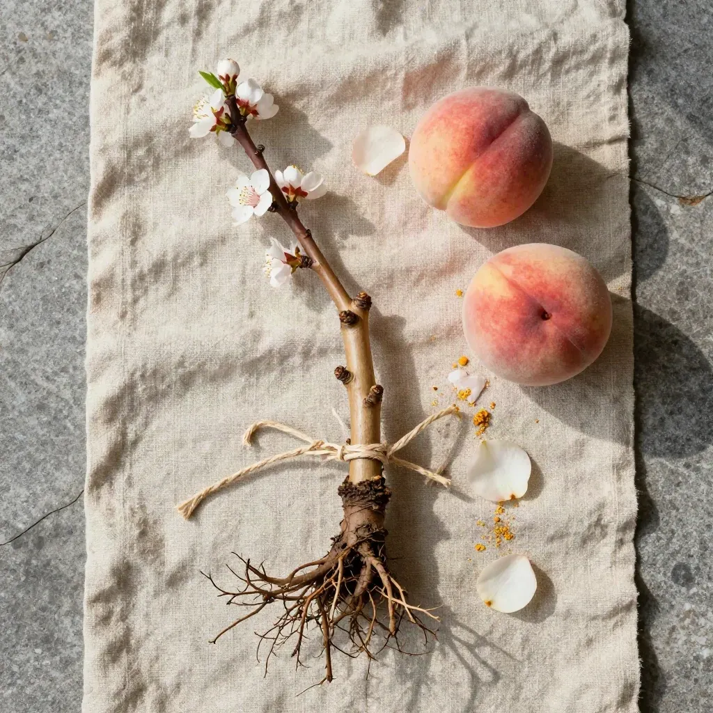 Overhead flatlay of a dwarf peach sapling on linen with peaches, blossom petals, and bare roots.