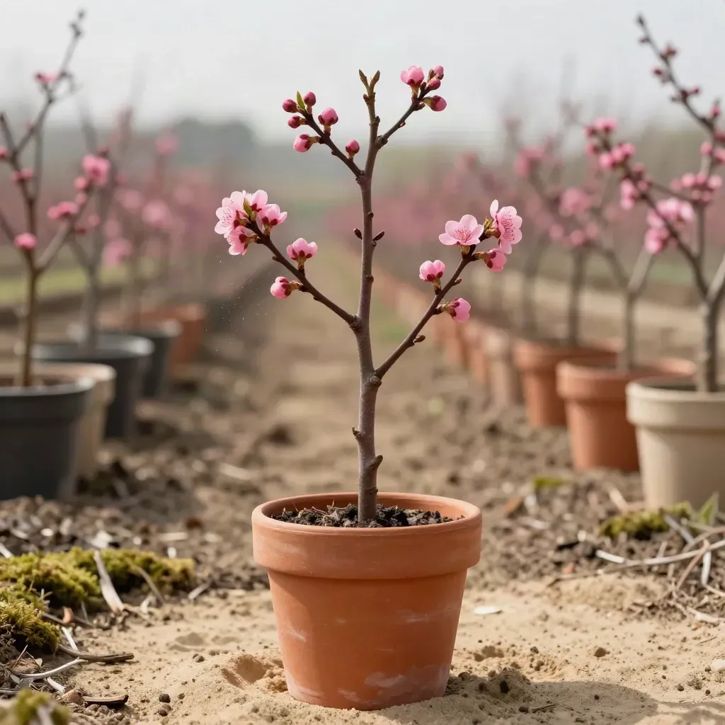 Eastern redbud sapling in a nursery bucket beside sand and moss, pink buds opening in spring haze.