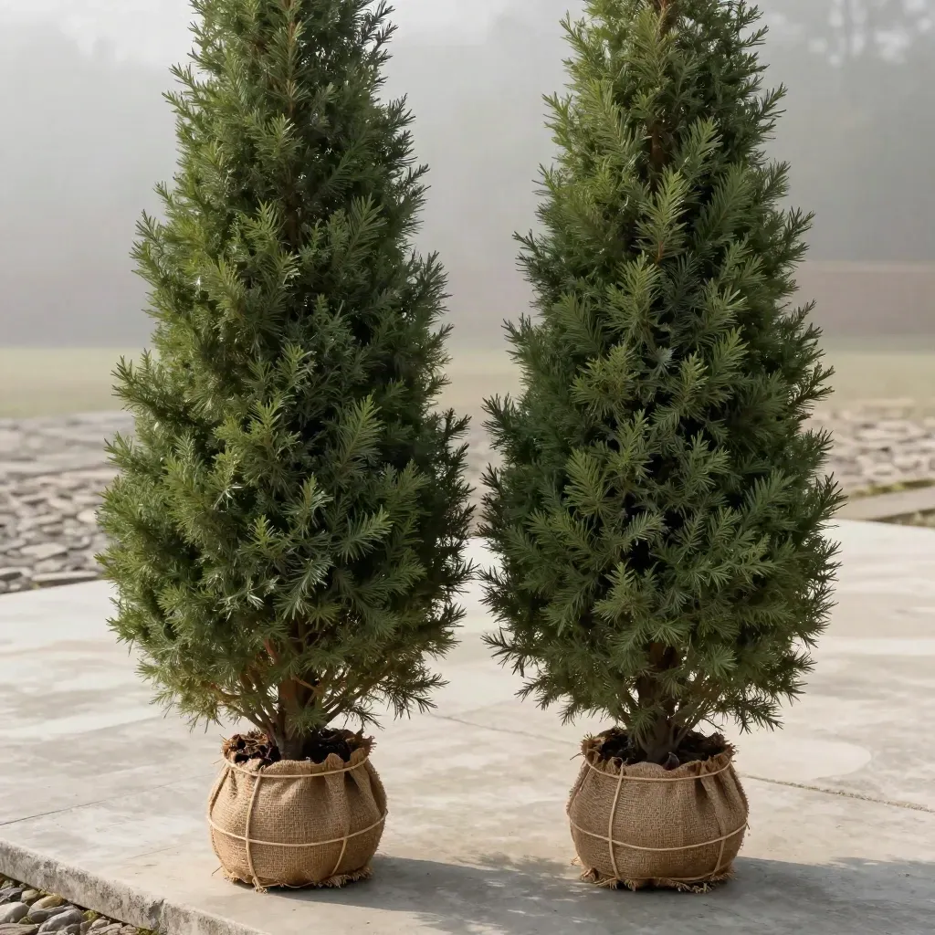 Top-down flatlay of two burlap-rooted thuja hedge trees on pale concrete with fine mist
