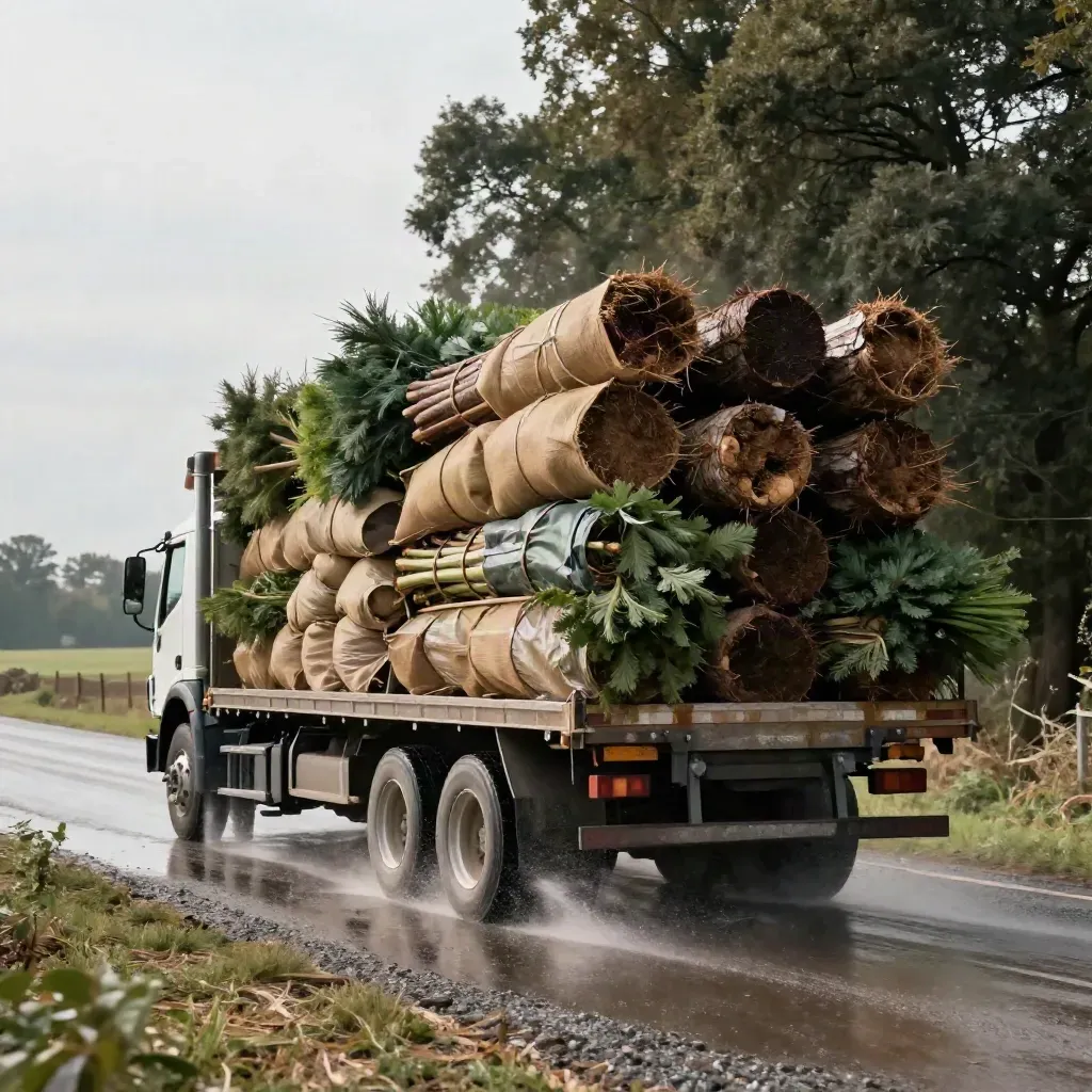 Flatbed truck loaded with wholesale trees kicking up spray at a farm entrance