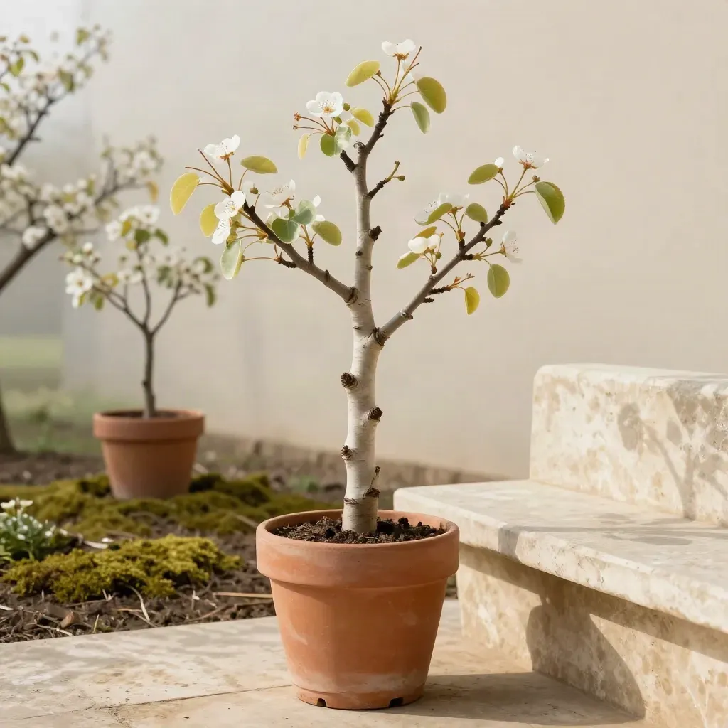 Bartlett pear tree in a nursery pot leaning over cream stone with soft orchard haze.