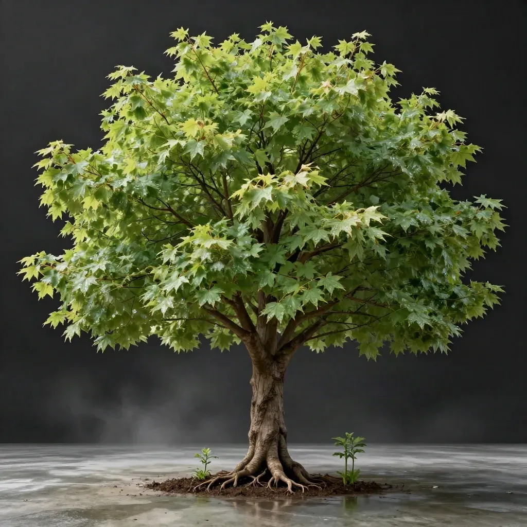 Low dramatic shot of a sugar maple shade tree on wet concrete with rain sheen.