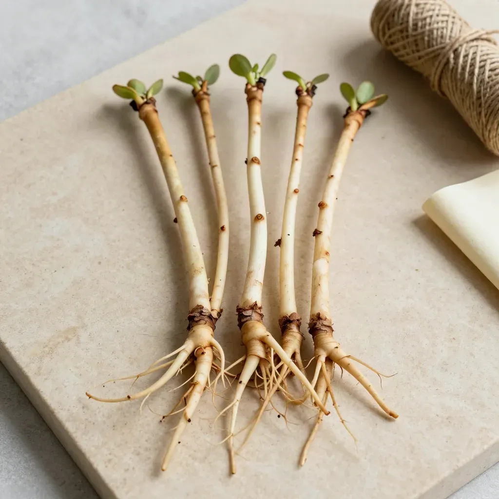 Overhead flat lay of bare-root kieffer pear saplings fanned on a limestone slab.
