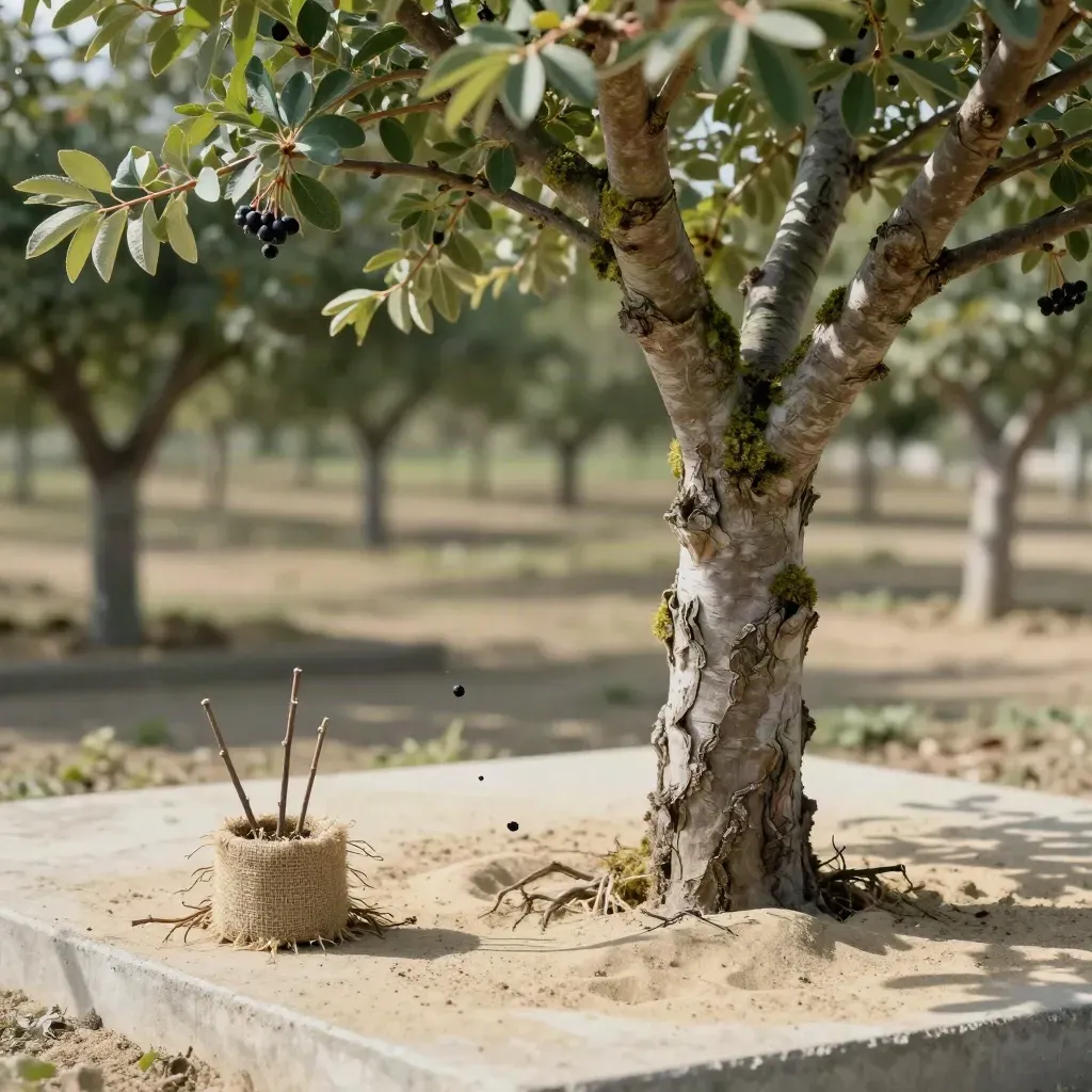 Serviceberry sapling with dark berries on a sand-toned slab in soft nursery light.