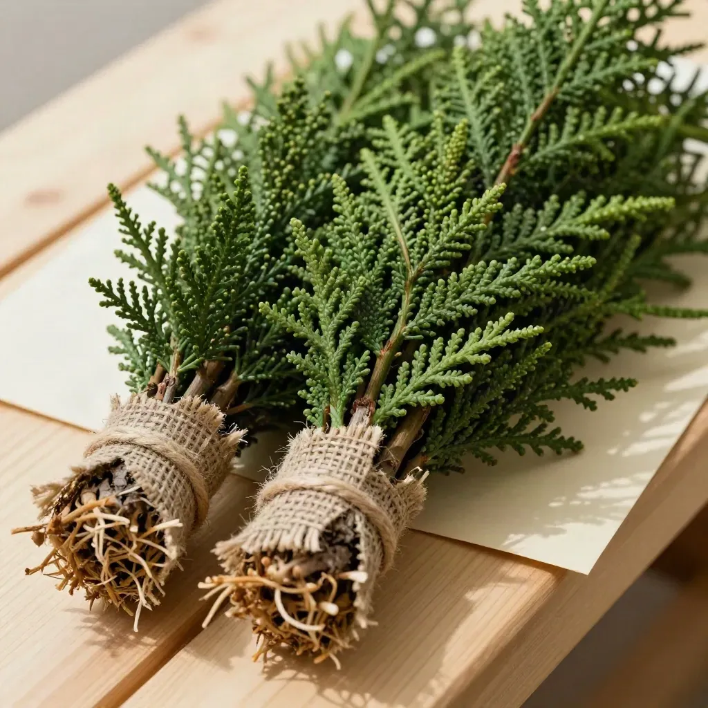 Close-up bundle of three Leyland cypress rows on pale wood with wrapped roots.