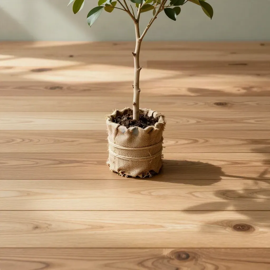 Shade saplings and nursery bundles on a warm oak deck beneath dappled canopy light.