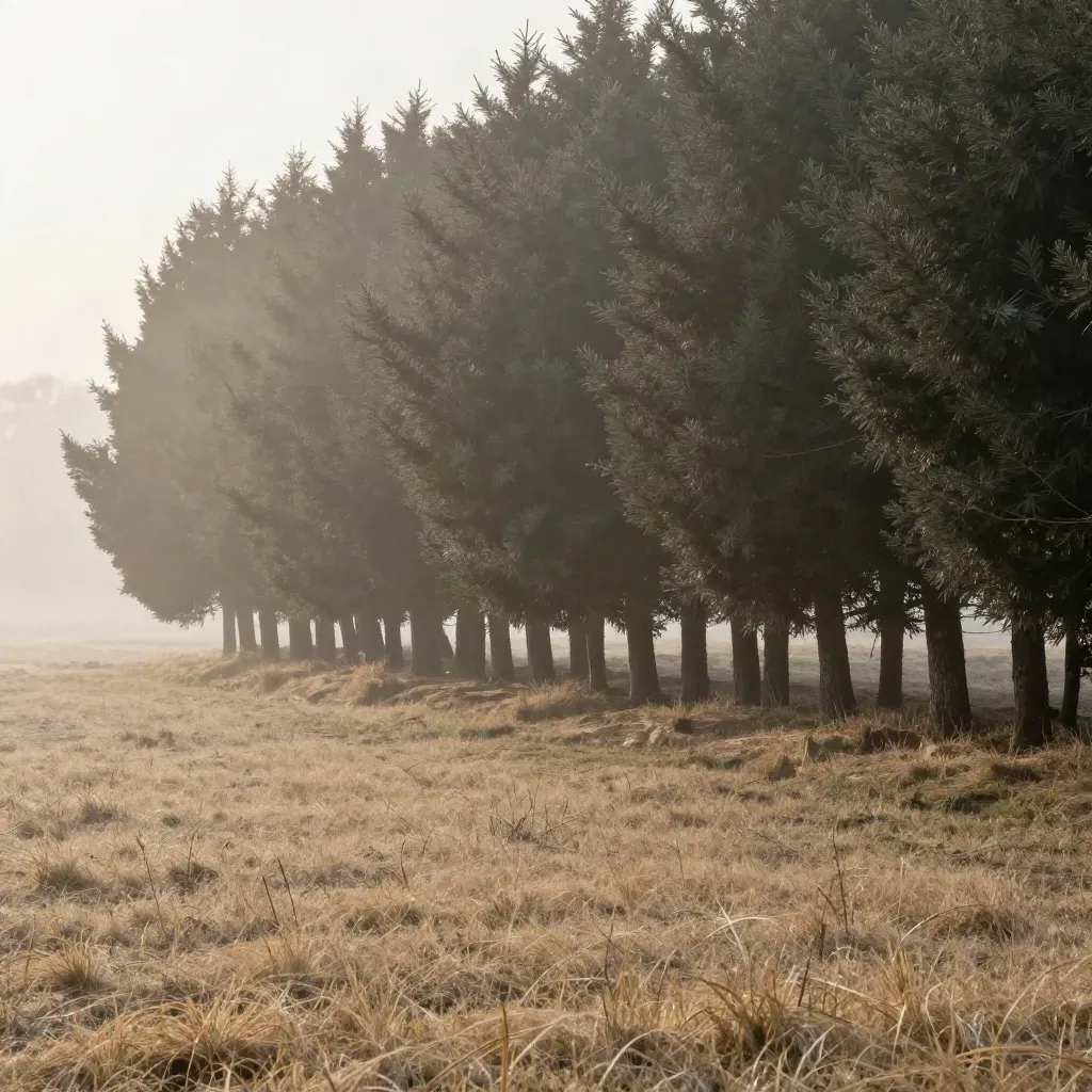 Foggy cedar hedge on a berm above a quiet field at dawn