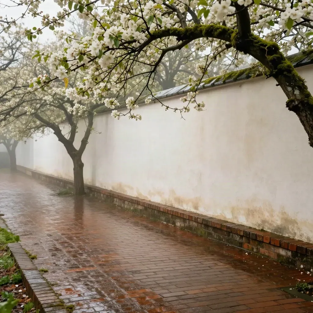 Rain-dark brick path by a white orchard wall with blossom-laden branches overhead