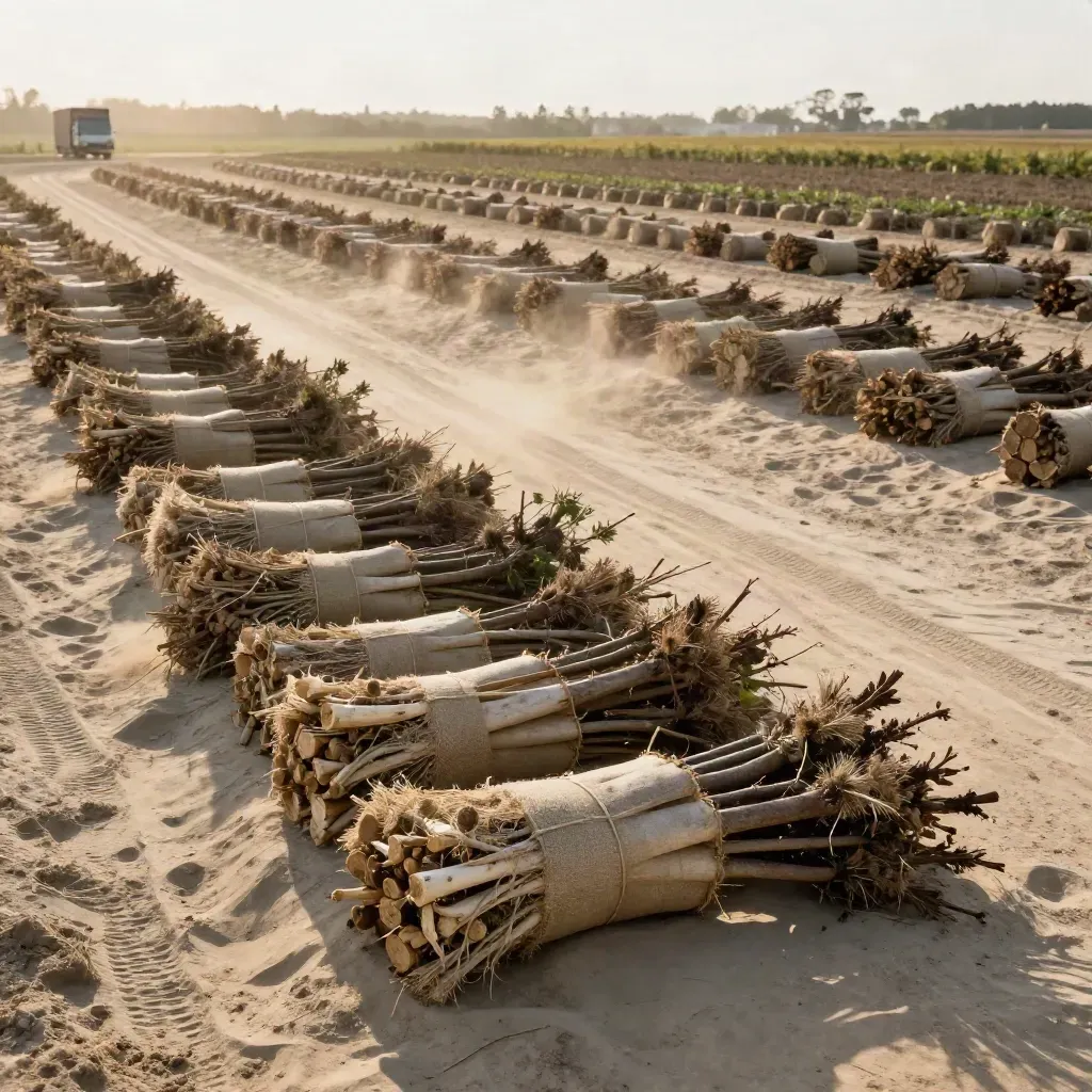 Nursery bundles on a sandy rise with a distant white truck at golden hour