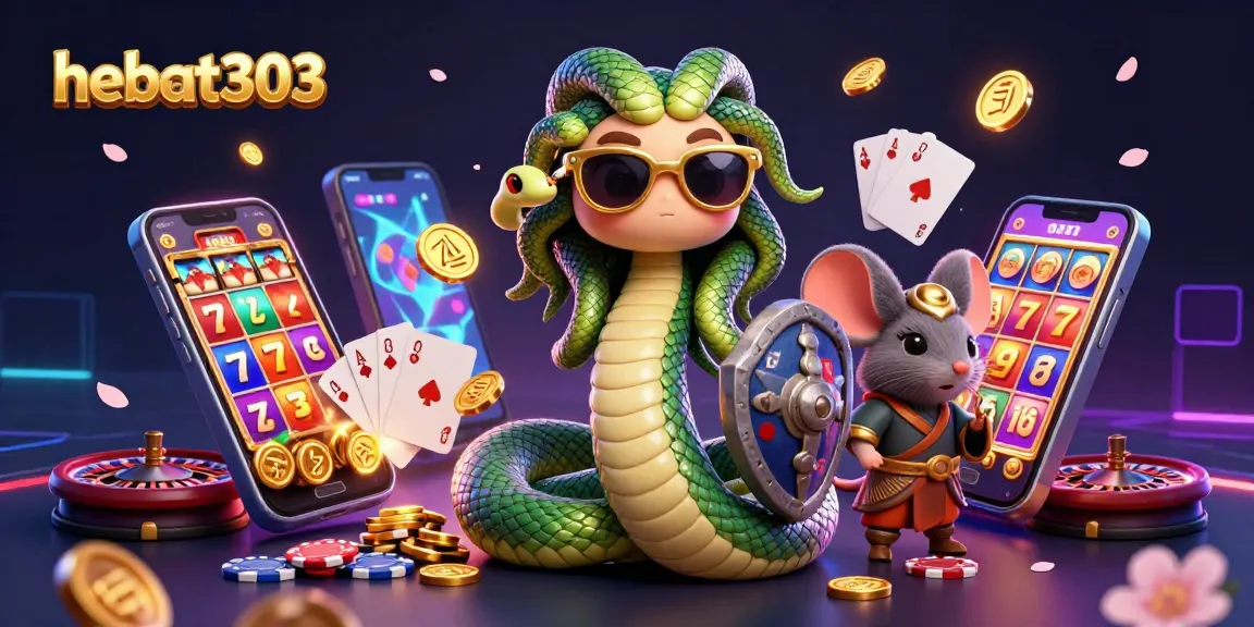 Experience thrilling slots with hebat303 featuring friendly Medusa, a mouse warrior, and colorful casino elements.
