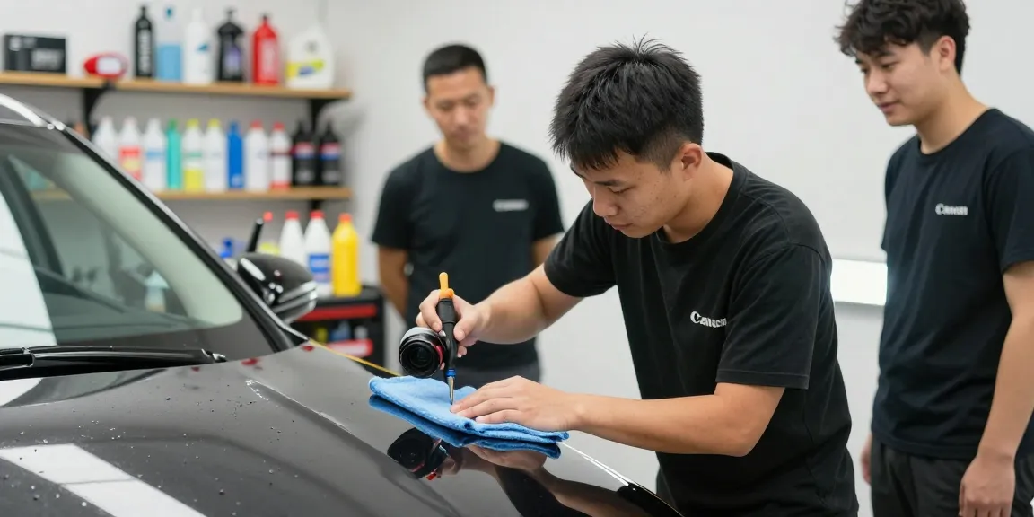 Car wash services near me highlighting a technician detailing a vehicle with premium tools in a well-lit workshop.
