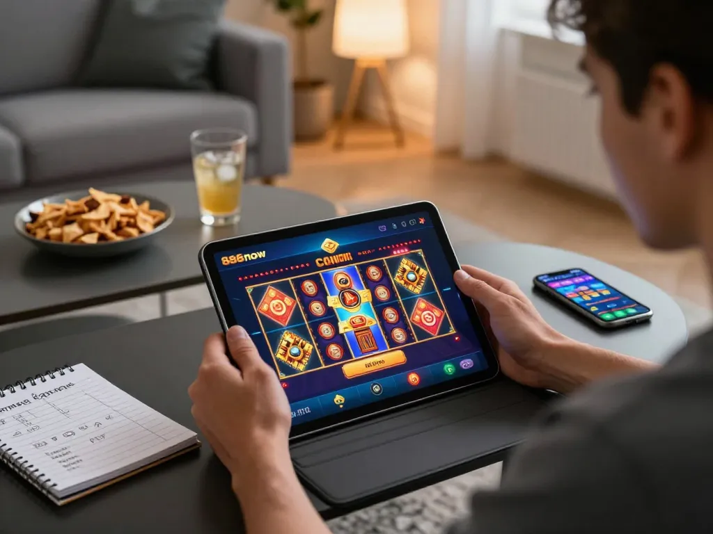 Player engaging with the 888now casino app on a tablet, showcasing an immersive gaming experience at home.