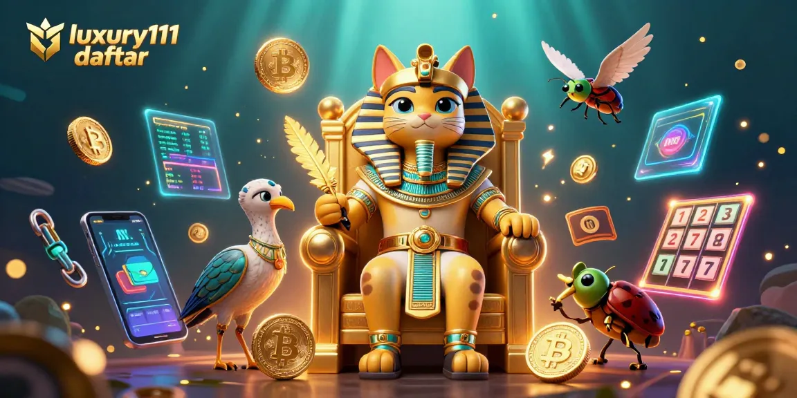 Join the excitement of luxury111 daftar with a vibrant scene featuring a cartoon pharaoh cat and digital gambling elements.