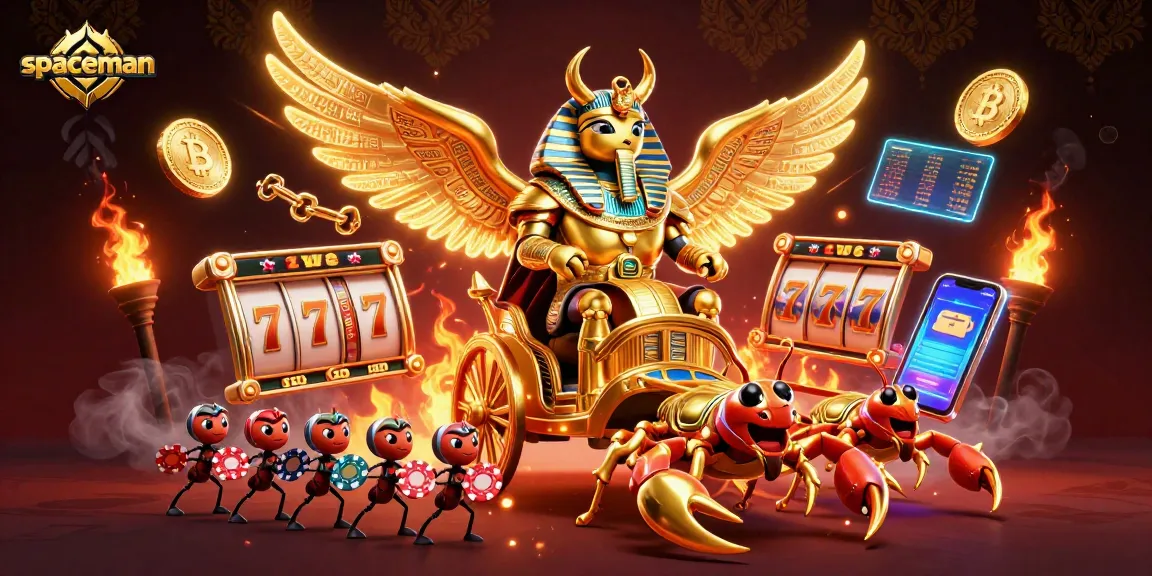 Spaceman's gambling adventure showcases a golden scarab surrounded by thrilling slot game elements and crypto coins.