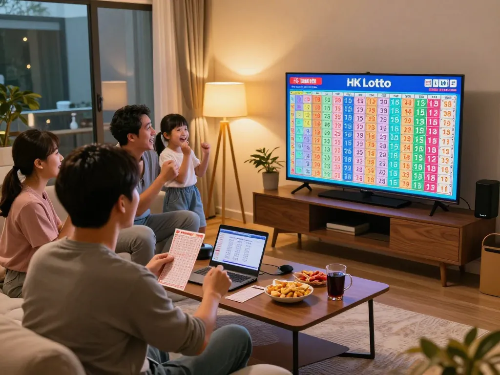 Engaged family celebrating HK Lotto draw in a cozy living room with lottery tickets.
