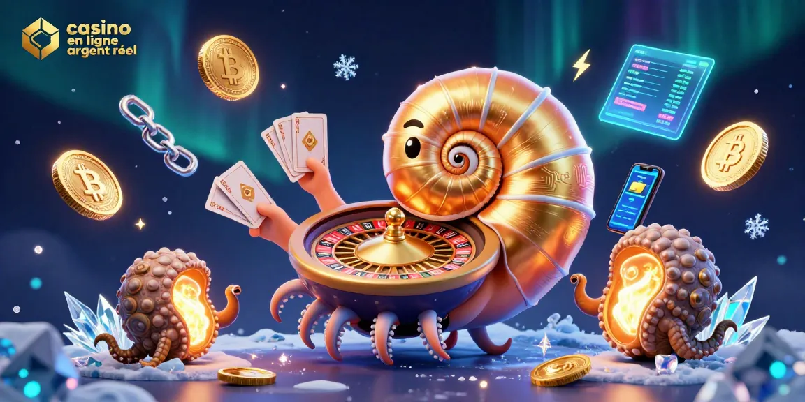 Casino en ligne argent réel, illustration d'un nautilus énorme jouant aux cartes avec de l'argent virtuel autour.