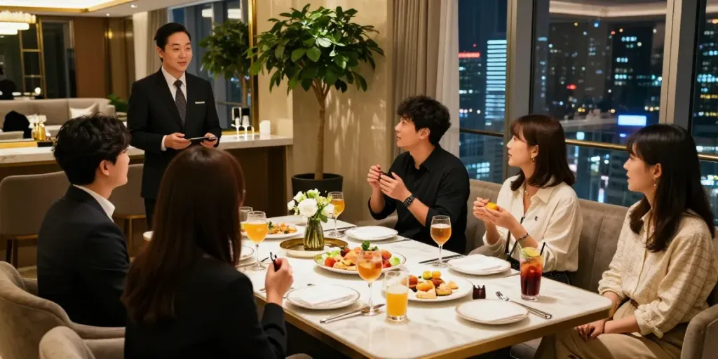 강남 구구단의 고급스러운 프라이빗 룸에서 친구들과 함께 즐거운 시간을 보내는 모습