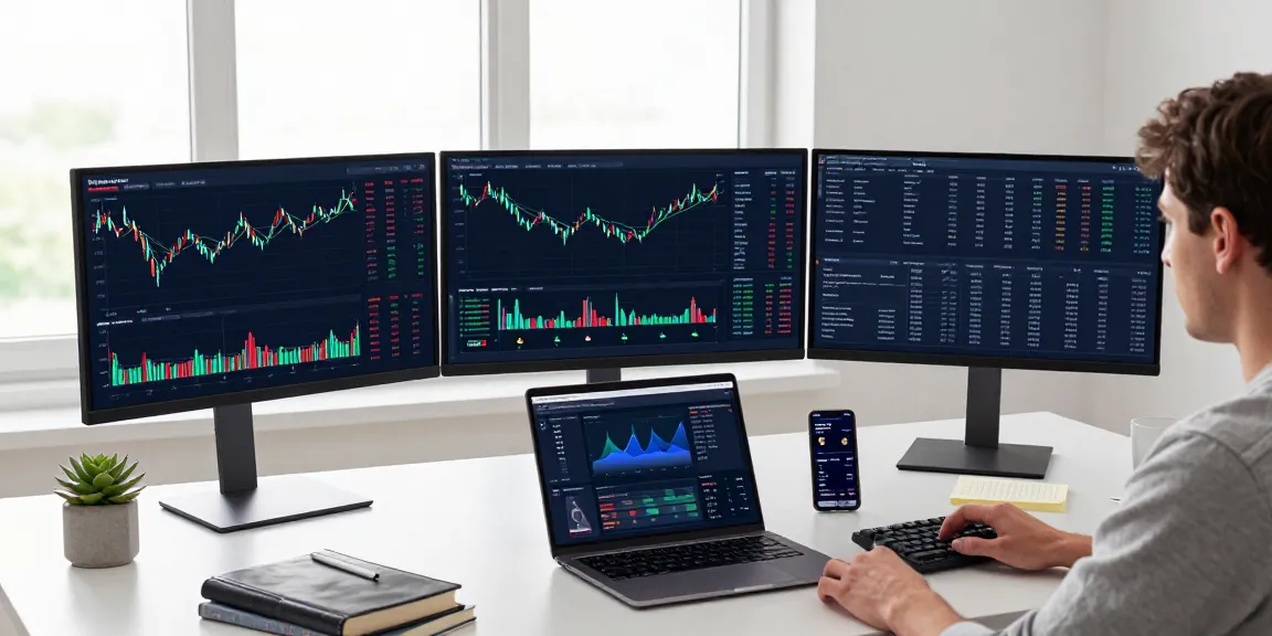 Cloud mining company workspace with cryptocurrency trading screens and digital wallets in a modern setup.