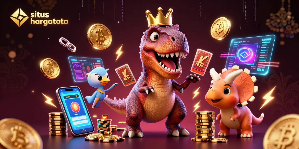 Experience the excitement of situs hargatoto with friendly characters playing cards, cryptocurrency elements, and vibrant 3D graphics.