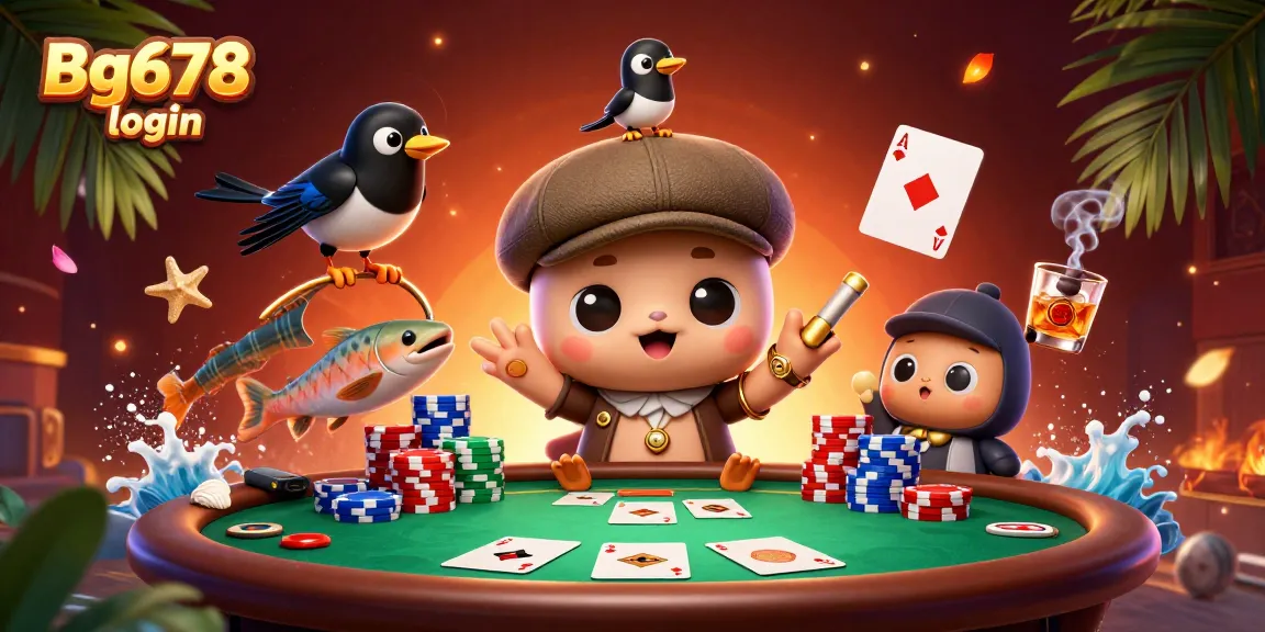 Experience the thrill of Bg678 login with a vibrant 3D casino illustration showcasing playful characters and poker elements.