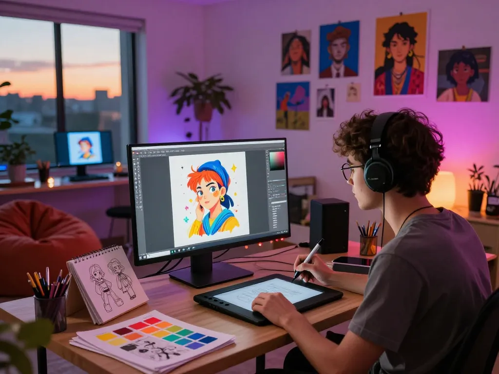 Creative artist generating NSFW AI art in digital studio.