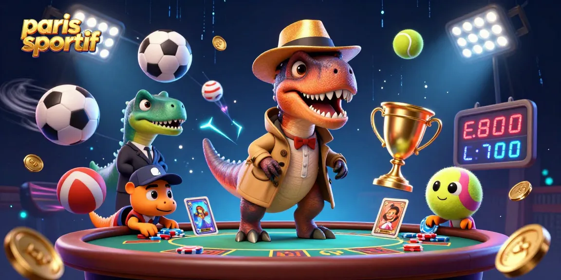 Des paris sportifs passionnants avec un velociraptor joueur de cartes et un pit boss stégosaure dans une scène animée.