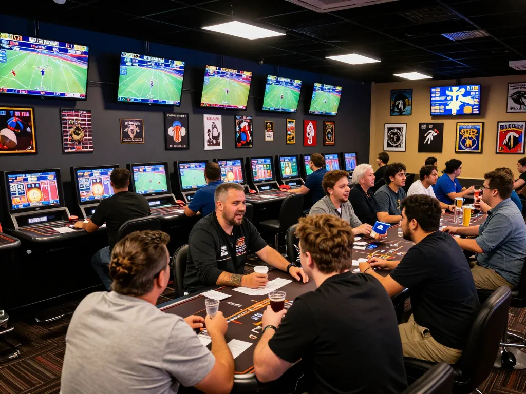 vaobet enthusiasts strategizing and celebrating in a vibrant sports betting area filled with excitement